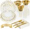 350-piece gold party supplies set, designed for 50 guests. Includes 50 dinner plates, 50 dessert plates, 50 silverware sets, 50 9oz cups, and 50 napkins. Perfect for weddings, parties, and events, featuring heavy-duty utensils for a stylish and conve